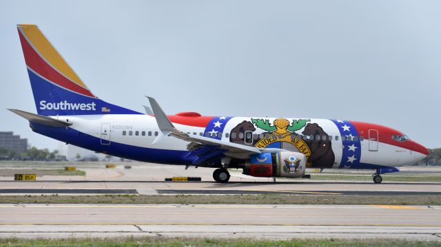 Boeing 737-700 (N280WN) - Missouri Livery at Love Field, thrust reversers deployed.