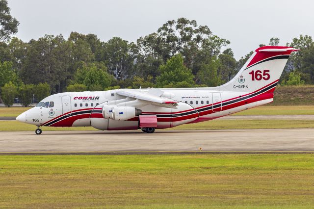 Avro Avroliner (RJ-85) (C-GVFK) - Conair Aviation (C-GVFK) Avro RJ85 taxiing at RAAF Base Richmond, arriving back from Coffs Harbour.