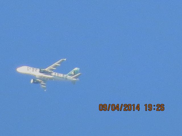 Airbus A319 (N905FR) - Frontier flight 227 from Branson Missouri to Denver over Southeastern Kansas at 30k feet.