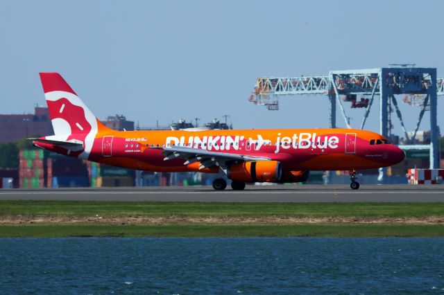 Airbus A320 (N643JB) - Jetblue A320 in new Dunkin special livery arriving to Boston.