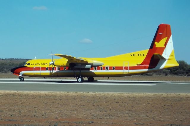 VH-FCE — - AIR NEW SOUTH WALES - FOKKER F-27-500 FRIENDSHP - REG : VH-FCE (CN 10558) - BROKEN HILL NSW. AUSTRALIA - YBHI (24/4/1983) 35MM SLIDE CONVERSION USING A LIGHTBOX AND A NIKON L810 DIGITAL CAMERA IN THE MACRO MODE.