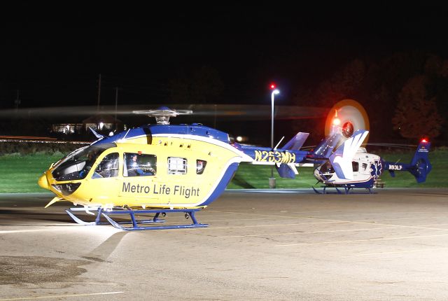 KAWASAKI EC-145 (N263MH) - N263MH, Metro Life Flight Eurocopter MBB-BK 117 C-2, c/n 9311, prepping for departure from the helipad at Akron General Hospital in Copley, Ohio. Metro Life Flight, MedFlight Ohio, and University Hospitals MedEvac all participated in a joint-training session for firefighters responding to MedEvac emergencies on 18 Oct 2012. A classroom session was held followed by a close-up walk-around of the helicopters. N93LF, a University Hospitals MedEvac Eurocopter EC135 T2, can also be seen prepping to depart.