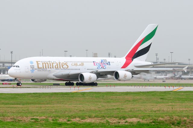 Airbus A380-800 (A6-EEL) - Emirates 222 Super about to depart back to Dubai on a hot hazy Texas afternoon. Note the England 2015 Rugby World Cup tiles