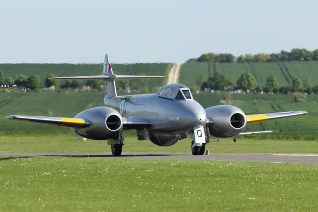 — — - Gloster Metoer, taxies back to the flightline at Duxford Air Museum.