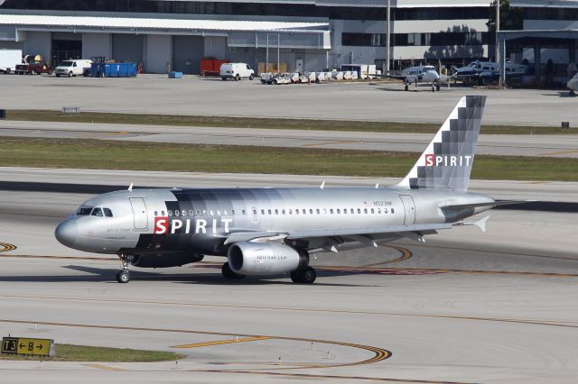 Airbus A319 (N523NK) - Spirit Airlines (NK) N523NK A319-132 [cn2898] br /Fort Lauderdale (FLL). Spirit Airlines (NK) flight NK259 taxis to the gate having just arrived from Atlantic City (ACY). The aircraft is pictured wearing Spirit’s original pixelated two-tone grey livery which was rolled out in the early 2000’s. It was superseded by a blue and white livery which has itself been replaced by a yellow Bare Fares color scheme rolled out from Sep 2014. br /Taken from Terminal 1 car park roof level br /2018 04 07br /a rel=nofollow href=http://alphayankee.smugmug.com/Airlines-and-Airliners-Portfolio/Airlines/AmericasAirlines/Spirit-Airlines-NKhttps://alphayankee.smugmug.com/Airlines-and-Airliners-Portfolio/Airlines/AmericasAirlines/Spirit-Airlines-NK/a