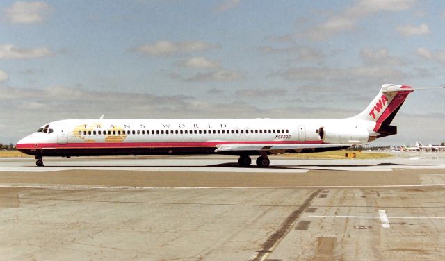 McDonnell Douglas MD-83 (N9630A) - KSJC - MID Summer 1999 TWA MD-83 service to St. Louis was 3-4 times per day - this jet delv new 2 years earlier shown rolling to 30L before San Jose extended both runways 30LR. TWA 727s used to handle the 630am flight years earlier and were fun to watch take off on the then shorter runway as the 727s used a lot of pavement. Not my best edit