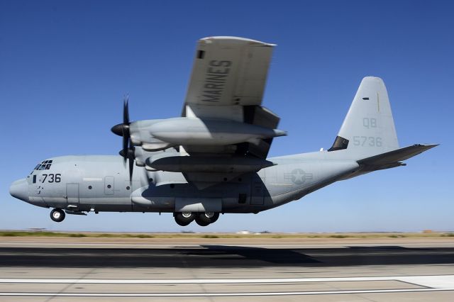 Lockheed C-130 Hercules (16-5736) - Lockheed-Martin KC-130J Hercules BuNo 165736 of VMGR-352 Raiders landing at NAF el Centro.