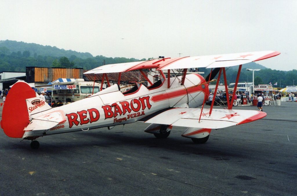 Boeing PT-17 Kaydet (N806RB) - SUSSEX AIRPORT-SUSSEX, NEW JERSEY, USA-AUGUST 1994: Seen on static display at the annual Sussex Airshow is this Stearman, part of the Red Baron Pizza aerobatic team.