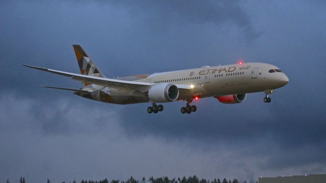 Boeing 787-9 Dreamliner (A6-BLL) - BOE103 on final to Rwy 16R to complete a B1 flight on 2.10.17. (ln 530 / cn 39656). The foto was taken at dusk as a rain squall was moving thru the area. 