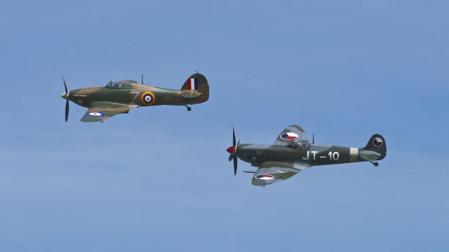 SUPERMARINE Spitfire (N633VS) - Battle of Britain commemorative flight on 5/9/15. Flying Heritage Collections Hawker Hurricane Mk XIIA (Ser #CCF/R32007) and Historic Flight Foundations Spitfire Mk. IXe (Ser#CBAF IX.571) make a low pass over Rwy 34L.