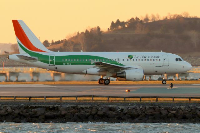 Airbus A319 (TU-TRC) - 'Cote d'lvoire 900' lined up on runway 27 for it's sunrise departure flight into retirement to Phoenix. This very rare visitor was originally scheduled into Bangor but diverted to Boston due to fog. (12.17)