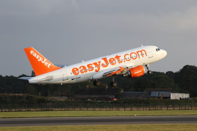 Airbus A319 (G-EZAG) - Early evening departure, photographed from top of multi-storey car park 