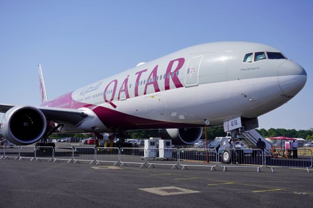 BOEING 777-300ER (A7-BEB) - Qatar Airways Boeing 777-300ER in the FIFA World Cup 2022 colour scheme on static display at the Farnborough International Airshow 2022 (19th July 2022).