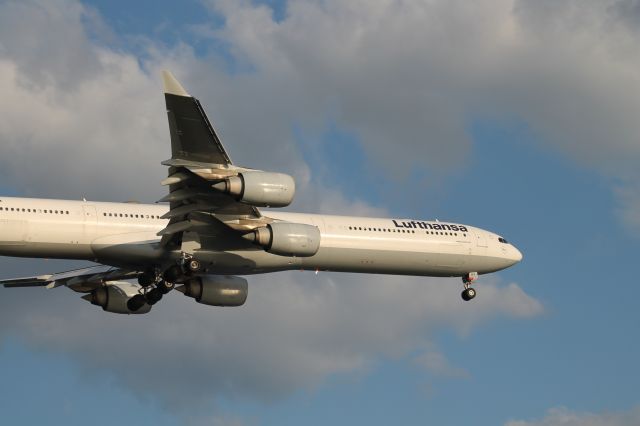 Airbus A340-600 (D-AIHY) - WHOA! This massive Lufthansa A340-600 was a huge surprise (no pun intended) when it cam swooping overhead about to land on 22L at Logan! It was so big it couldnt fit in the shot, even completely zoomed out!