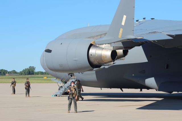 Boeing Globemaster III (AFR50102) - Heavy security protecting the C-17 from Charleston SC flying Marine 1 from Appleton International during President Trump's Oshkosh visit.