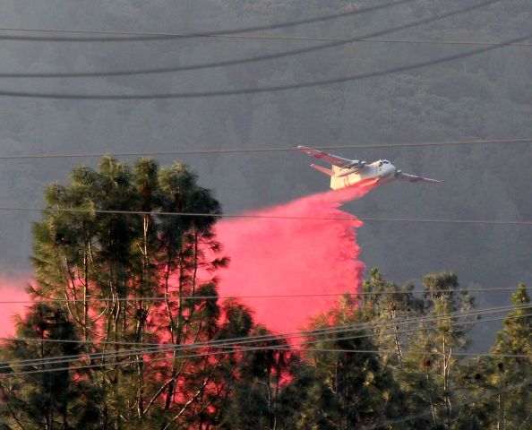 MARSH Turbo Tracker (N448DF) - KRRD Tanker 95 from the CALFIRE Redding Air Tanker base, makes a full air tanker drop on the "Lake Fire" Sept 10th, 2016 on the west side of the City of Shasta Lake, CA. click full.