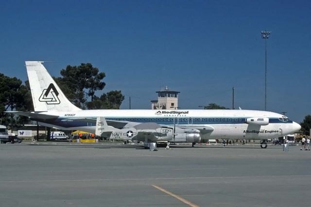 Boeing 720 (N720GT) - Allied Signal Boeing 720-051B TFE731-40 Engine Testbed N720GT at the Williams-Gateway Airport, Arizona on March 31, 1996. This 720 is the oldest Boeing jet airliner that still flies in the United States. It wears construction number 18384. It first flew on September 15, 1961. TWA leased it as N794TW beginning on August 27, 1961. Northwest leased it as N733US on October 26, 1962 and then bought it on July 1, 1968. Maersk Air registered it as OY-APZ in January 1973 and leased it to Nigeria Airways in December 1974. TEA leased it as OO-TYA on November 6, 1979 and returned it to Maersk on January 19, 1980. Conair acquired it on February 16, 1981. Allied Signal registered it as N720GT on November 24, 1987 and mounted an engine test pylon on the right side of the forward fuselage.