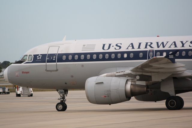 Airbus A319 (N745VJ) - US Air Flight 2090 (N745VJ) "Allegheny Airlines Heritage" prepares for flight at Sarasota-Bradenton Interantional Airport