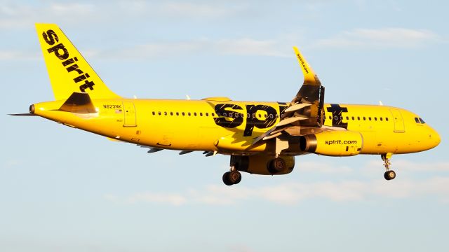 Airbus A320 (N623NK) - A Spirit A320 arriving at Newark during golden hour.