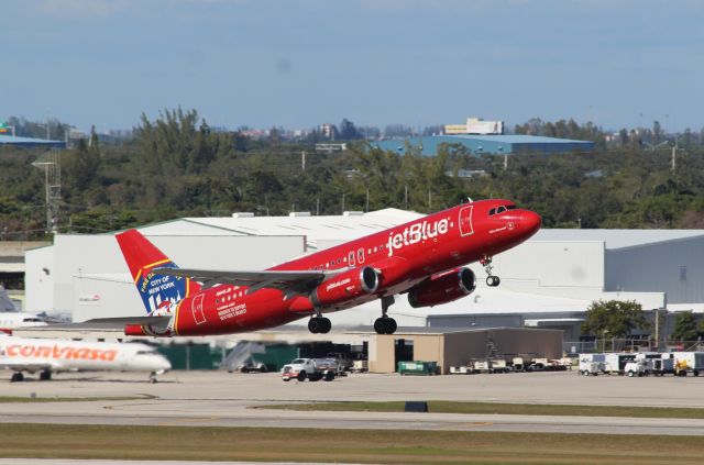 Airbus A320 (N615JB) - JetBlue Airways (B6) N615JB A320-232 [cn2461] NYFD Liverybr /Fort Lauderdale (FLL). JetBlue Airways flight B6902 departs to New York Kennedy (JFK).   This aircraft was painted in October 2013 in this striking commemorative livery for the NYFD (New York Fire Department). br /Taken from Hibiscus/Terminal 1 car park roof level br /br /2018 12 25br /https://alphayankee.smugmug.com/Airlines-and-Airliners-Portfolio/Airlines/AmericasAirlines/JetBlue-Airways-B6/