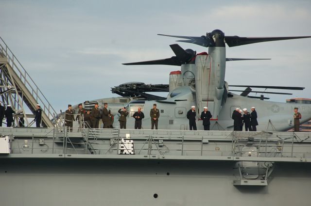 — — - An MV-22 Osprey aboard USS New York as she makes her maiden voyage into New York Harbor