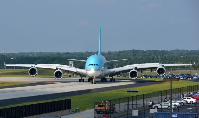 Airbus A380-800 (HL7621) - This is the first Airbus A380-800 ever to land at Hartsfield-Jackson Atlanta International Airport. It was a hot, hazy and humid morning. But it was awesome to see it land in the distance, and then taxi toward the gate passing right in front of us.