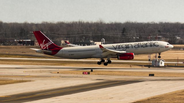 Airbus A330-300 (G-VRAY) - This is a Virgin Atlantic Airbus A330 landing on runway 21L/3R at Detroit Metropolitan Airport. The photo was taken in harsher lighting than I wanted, but sadly I have no control over the sun and where the aircraft lands. 