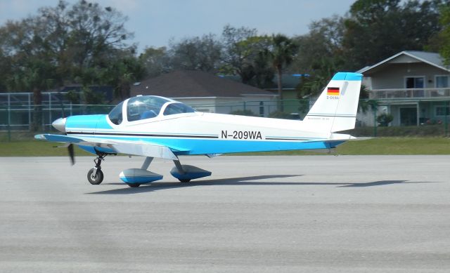 N209WA — - From a 1960s West German company called Messerschmitt-Bölkow-Blohm, this is now called MBB BO 209 Monsun by FAA and only about 100 are flying.  Photo above was shot on landing at Spruce Creek 7FL6 after a radio call "Messerschmitt, on initial, Runway 24".