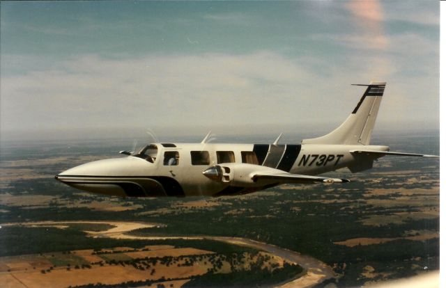 N73PT — - Aerostar 73PT southbound over the Red River south of Ardmore, Oklahoma just out of the paint shop with her new color scheme. September 1985.