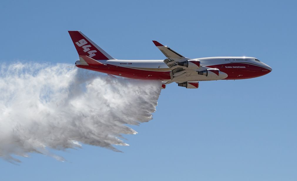 Boeing 747-400 (GST944) - Air Tanker 944, GST944, conducts a demonstration water drop at Colorado Springs Airport, May 4 2016. 