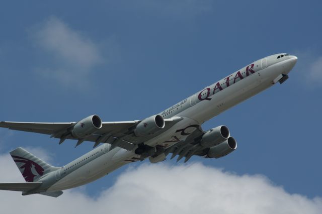 Airbus A340-600 (A7-AGC) - Departing Heathrow bound for Doha