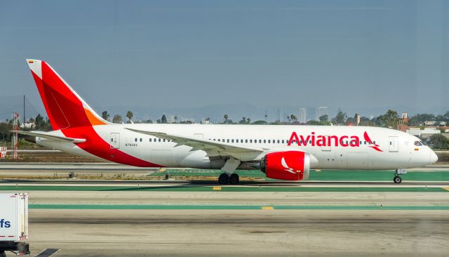 Boeing 787-8 (N783AV) - Thrilled to see an Avianca 787! Took this through two panes of glass in Terminal 2 at LAX while waiting for my ride home...