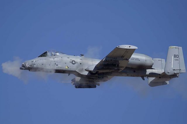 Fairchild-Republic Thunderbolt 2 (79-0120) - Warthog of the 47th Fighter Squadron Terrible Termites based at Barksdale Air Force Base fires its GAU-8 30mm cannon at a target on the Goldwater Bombing Range.