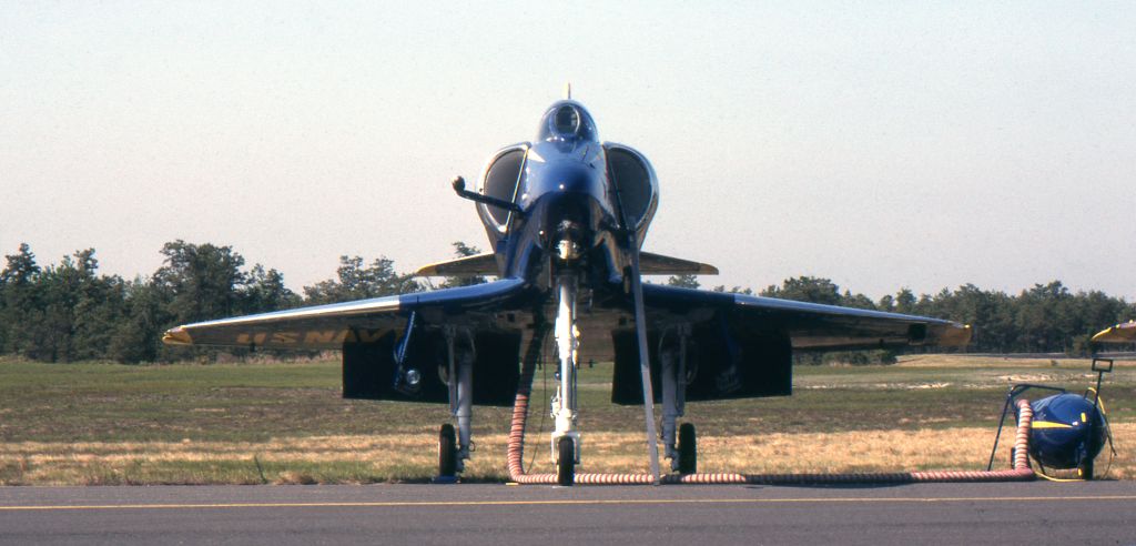 SINGAPORE TA-4 Super Skyhawk — - LAKEHURST NAVAL AIR STATION, LAKEHURST NEW JERSEY, USA-MAY 1981: Seen on the flight line prior to the start of the 1981 Open House and Air Show were the United States Navy's Blue Angels, flying the Douglas A-4F Skyhawk.