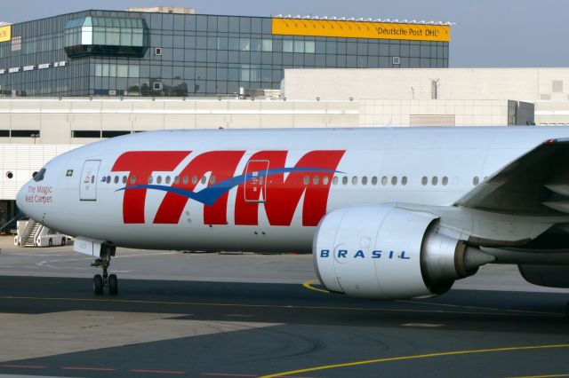 BOEING 777-300ER (PT-MUD) - TAM 777 pulling into the gate at FRA. Taken from the terminal.