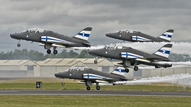 Boeing Goshawk — - Finnish Air Force Midnight Hawks take-off for their display at RIAT RAF Fairford - 16th July 2017. The blue and white livery for the 2017 season commemorates the 100th year of Finlands independance from Russia. The pilots are members of the Finnish Air Force. The four Hawk Mk 51s are numbered 1 to 4 and the spare is always number 7.