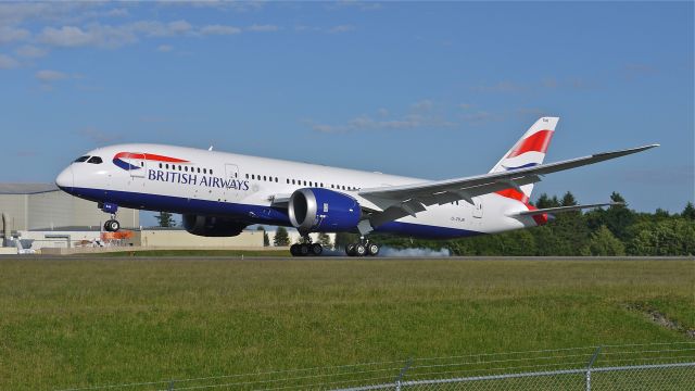 Boeing 787-8 (G-ZBJB) - BOE451 touching down on runway 34L to complete its maiden flight on 6/8/13. (LN:111 cn 38610).