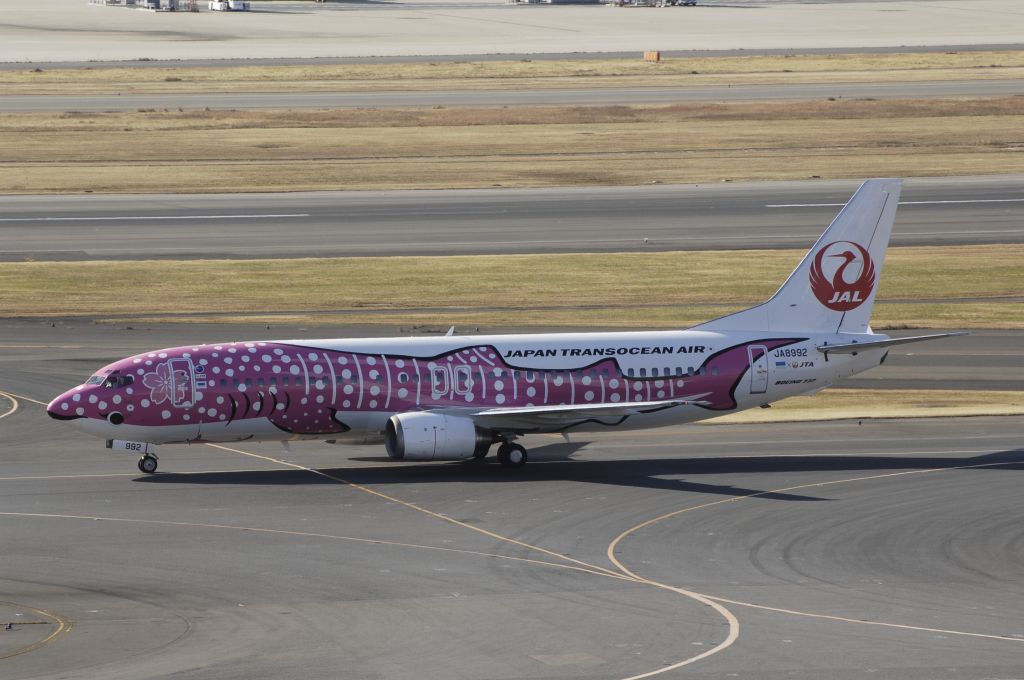 BOEING 737-400 (JA8992) - Taxing at Haneda Intl Airport on 2014/01/13 "Pink Whale Shark c/s"