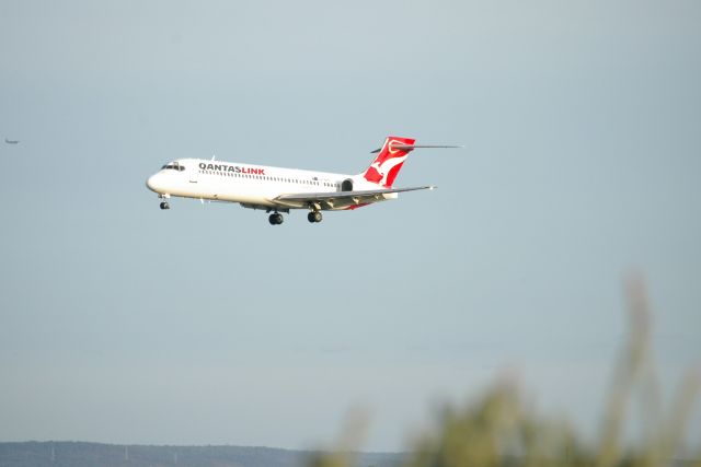 Boeing 717-200 — - Interesting photo of a Qantas Link Boeing 717-200 Landing rwy 03 at Perth Intl Airport with a bush in the frame and another aircraft approach on the edge of the frame. The 717-200 looks like it is looking at a fly.  