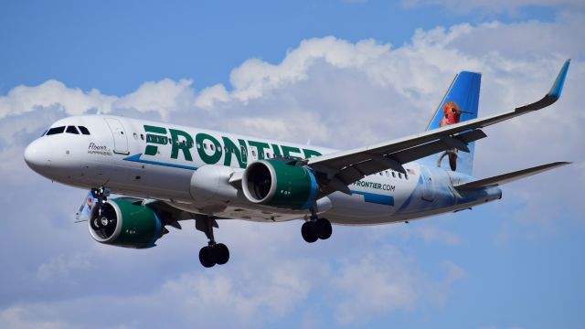 Airbus A320neo (N318FR) - Windy arrival for a Frontier 320neo at Harry Reid.br /br /'Flower the Hummingbird'