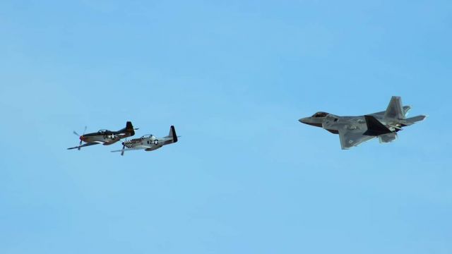 — — - Two Mustangs and a Raptor practice formation flying at Davis-monthan for Heritage Flights.