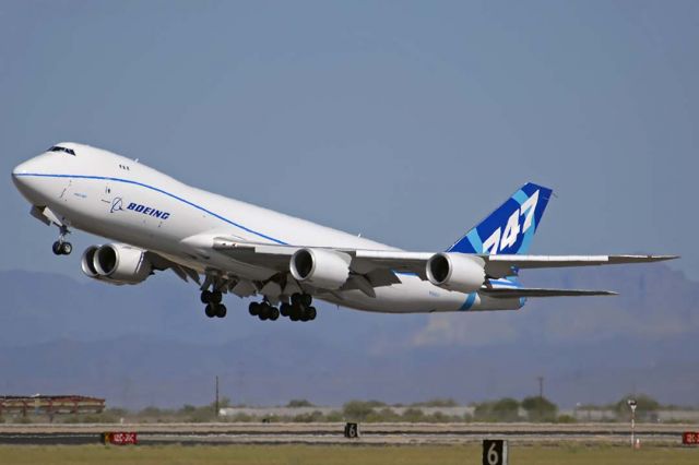 BOEING 747-8 (N50217) - The third Boeing 747-8 prototype N50217 visited Phoenix-Mesa Gateway Airport for hot weather testing on Saturday, August 28, 2010. It made on test flight on Wednesday, September 1 and departed for Air Force Plant 42 at Palmdale, California on Thursday, September 2 when the air temperature was 107 degrees F. 