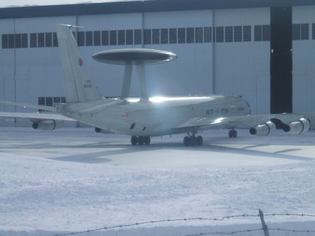 SWR90446 — - Boeing E-3A Sentry Waiting to be towed in Hangar for the night. Goose Airport NL. March 14/09