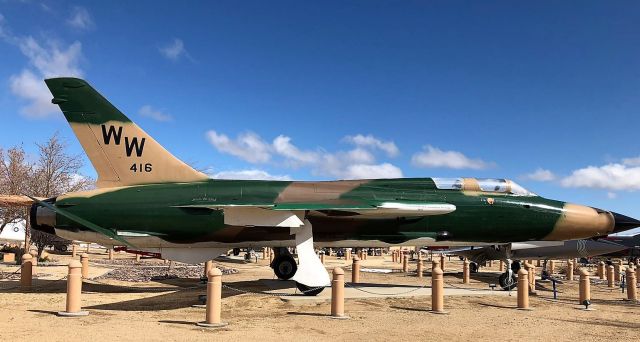 — — - Republic Thunderchieft F-105G Built by Republic Aircraft, the F-105 was designed as a supersonic, single-seat, fighter-bomber able to carry nuclear weapons and heavy bomb loads over great distances at high speeds. It made its first flight on October 12, 1955. 