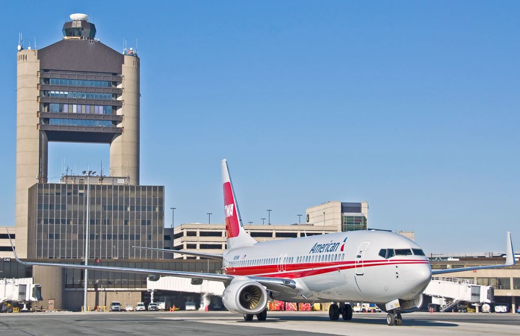 Boeing 737-800 (N915NN) - American Airlines TWA Special retro livery @ KBOS Logan ATC tower