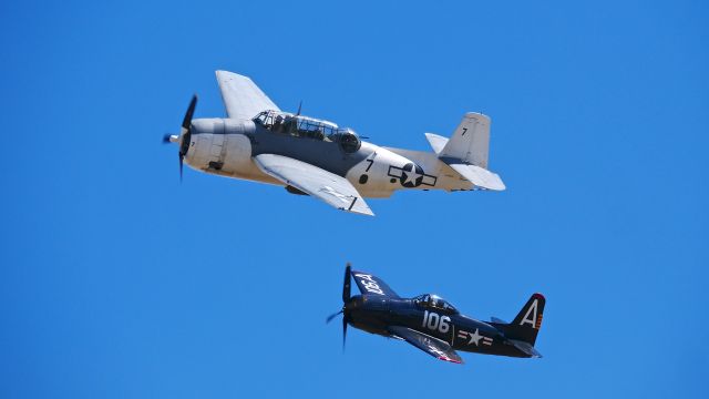 N800H — - Historic Flight Foundations #N9584Z - Grumman TBM-3E Avenger (Ser #85882) and #N800H - Grumman F8F-2"Bearcat (Ser#121752) fly in formation at SkyFair 7.22.17.