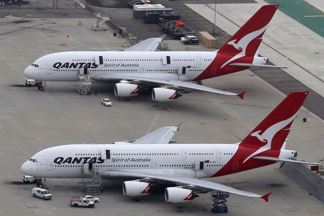 Airbus A380-800 (VH-OQB) - VH-OQB @ the front and another A388 (VH-OQD) @ the back.