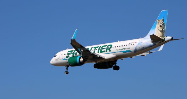 Airbus A320neo (N337FR) - On final is this 2018 Frontier Airlines Airbus A320-251N in the Winter of 2020 while "Hunter" the Bobcat watches for prey.