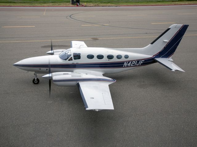 Cessna 421 (N421JF) - The best pressurized piston twin built. Geared engines with low propeller rpm - very quiet cabin. 5 APR 2019.