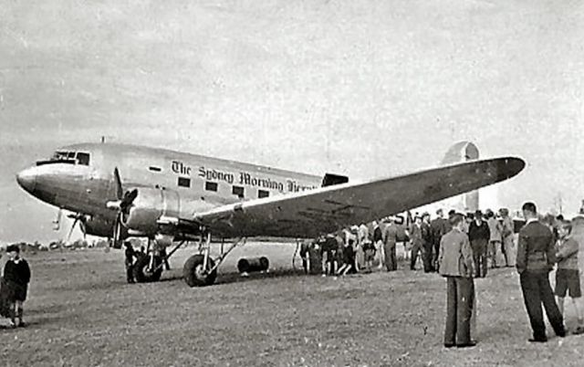 Douglas DC-3 (VH-SMH) - First arrival at casino for Sydney Morning Herald Newspaper DC3 delivery flight in 1948 - certainly a celebration at the time. Photo by Alan Shepard from Eddie Coates Collection